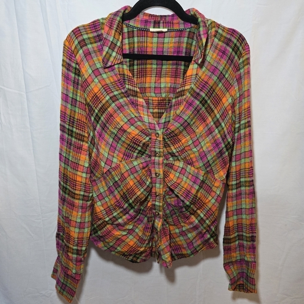 Anthropologie Pilcro Neon Colorful Lightweight Plaid Rouched Button Front Top M